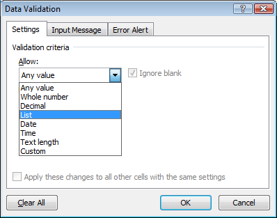 Excel image: Data Validation options